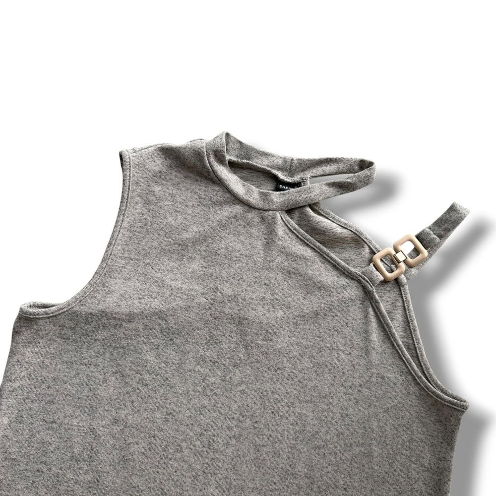 Women's XL Heather Gray Tan Asymmetrical Cutout Mock Neck Buckle Knit Tank Top